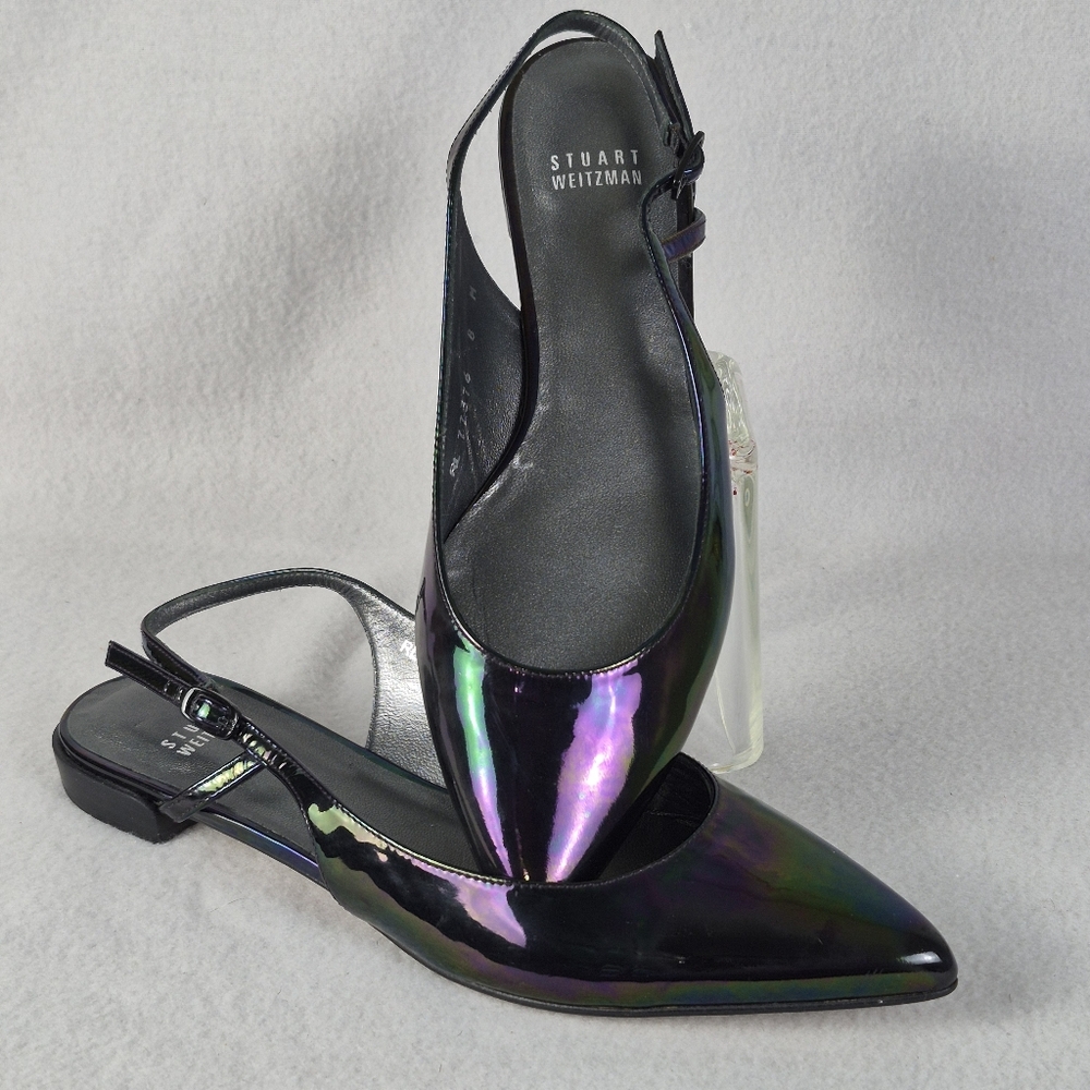 Stuart Weitzman Black Holographic Patent Leather Slingback Flats – Size 8 Narrow